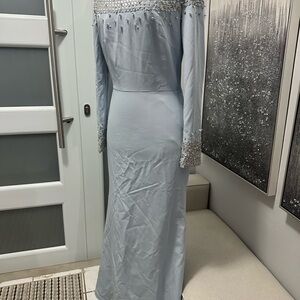Beaded Pale Blue Long Sleeve Evening Gown